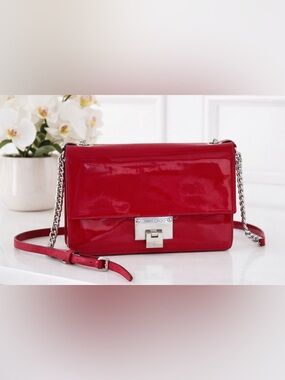 Jimmy Choo Glossy Red Patent Shoulder Bag with Silver Hardware